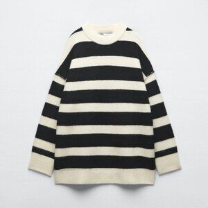 ZARA Striped Chunky Knit Sweater Black Cream Oversized NWT Size XS